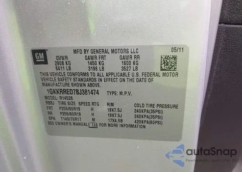 2011 GMC Acadia Slt-1 from USA, damaged, VIN 1GKKRRED7BJ381474